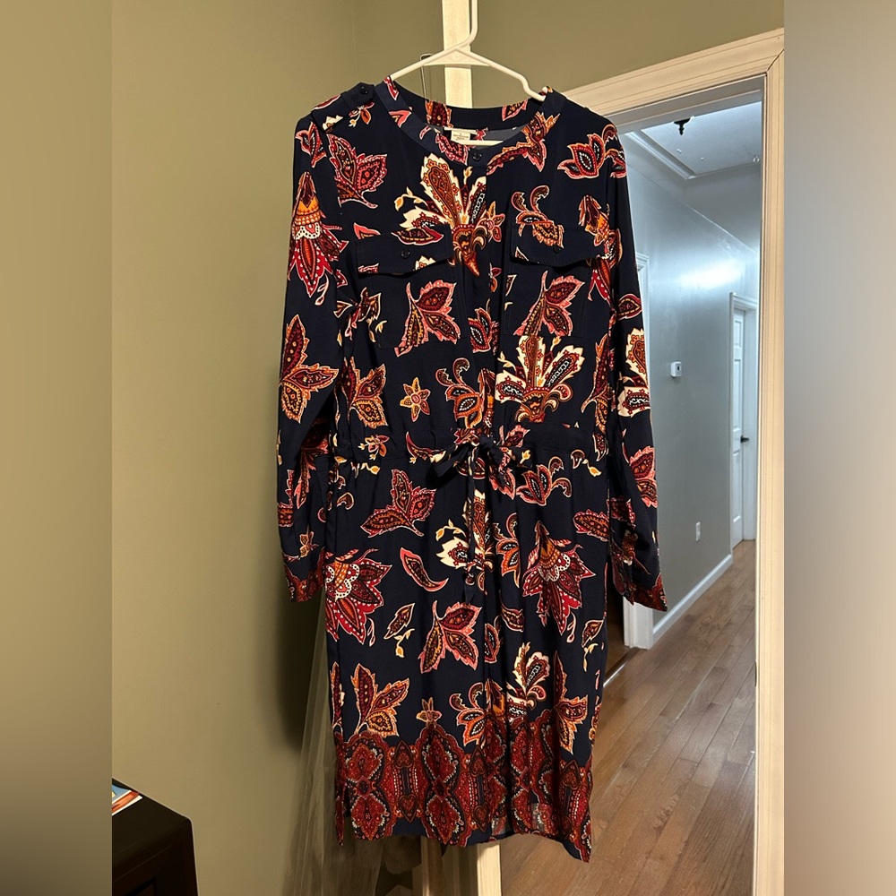 Liz Claiborne Patterned Navy Long Sleeve Button Front Drawstring Waist Dress* L
